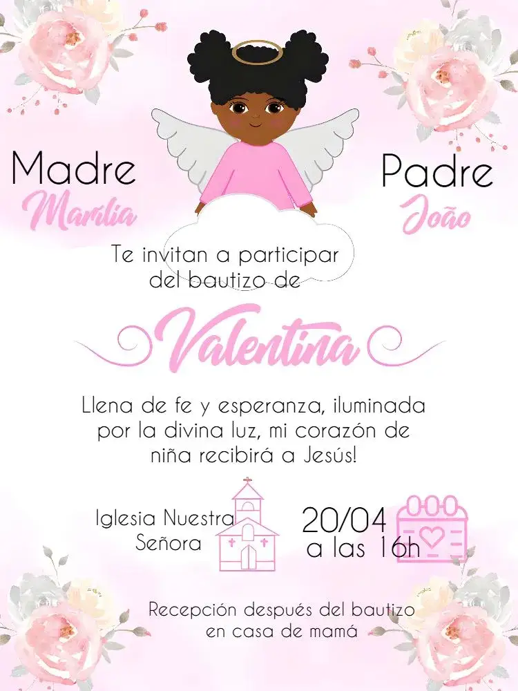 Invitación Bautizo Padrino – tema Bautismo floral, rosa, blanco, angelitos, delicado, infantil
