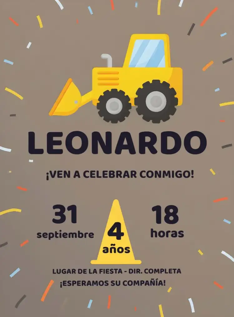 Invitación Construcción Excavadora Infantil – tema Té Rifa construcción, infantil, colores vibrantes, elementos gráficos, divertido, moderno