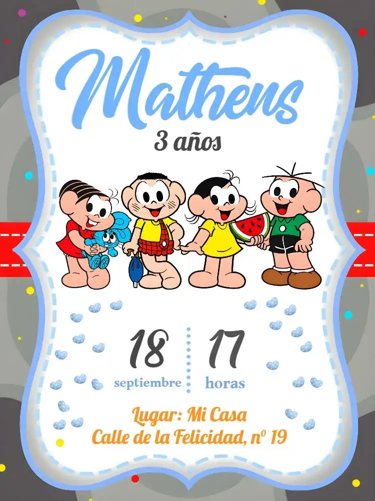 Invitación Turma De Mónica Blanco – tema Cumpleaños Infantil a rayas, colorido, divertido, infantil, nostálgico, temático