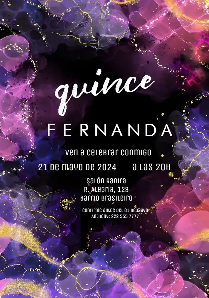 Invitación De 15 Años Mármol Lila – tema 15 años mármol, lila, dorado, moderno, elegante, sofisticado