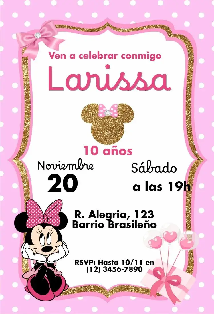 Invitación Minnie Rosa – tema Cumpleaños Infantil rosa, brillantina, poá, infantil, divertido