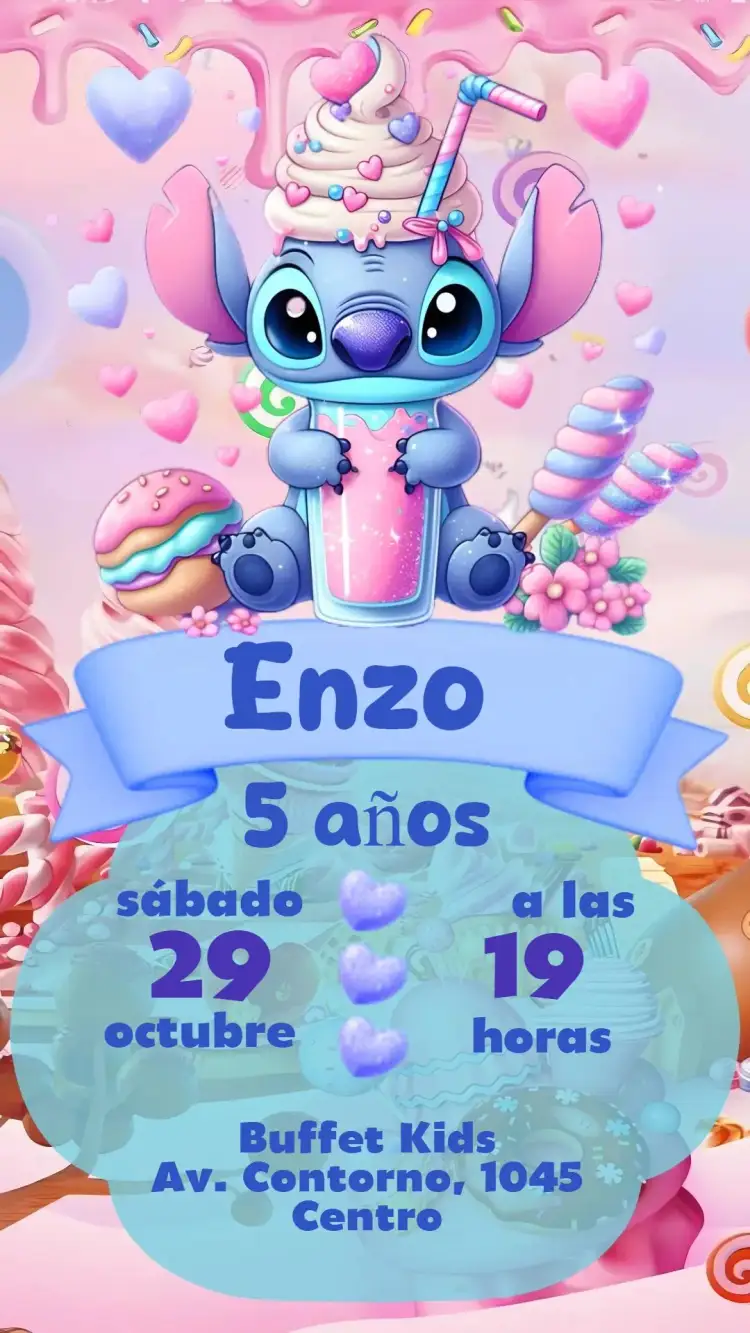 Invitación Stitch – tema Cumpleaños Infantil colorido, lúdico, divertido, temático, moderno