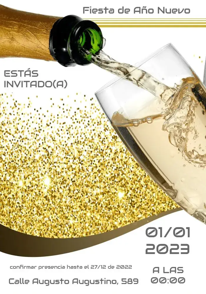 Invitación Para Fiesta De Año Nuevo Líquido – tema Fechas Conmemorativas dorado, blanco, marrón, moderno, festivo, elegante