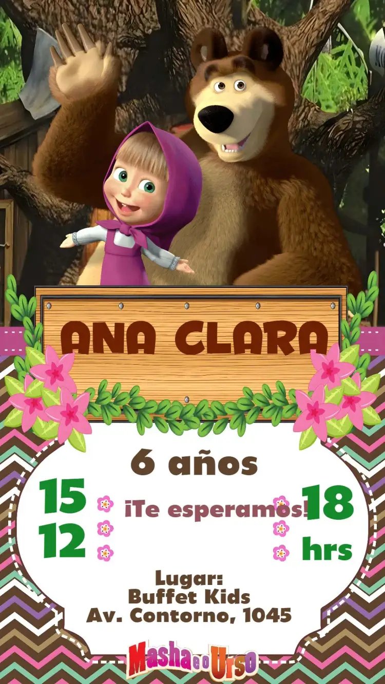 Invitación Masha y el Oso – tema Cumpleaños Infantil colorido, divertido, ilustración infantil, naturaleza, lúdico
