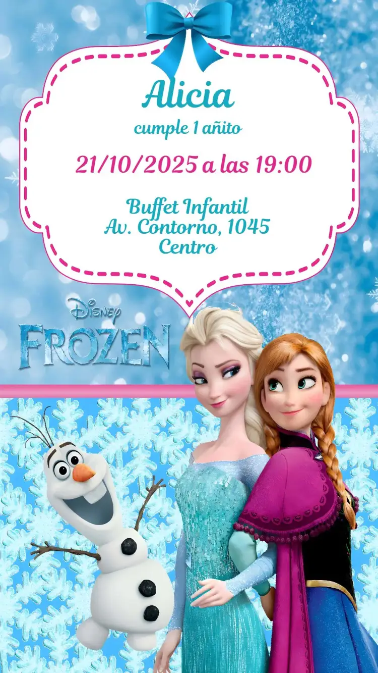 Invitación Frozen – tema Cumpleaños Infantil azul claro, blanco helado, elementos de hielo, inspirado en cuentos de hadas, ilustraciones de princesas, estilo divertido y lúdico