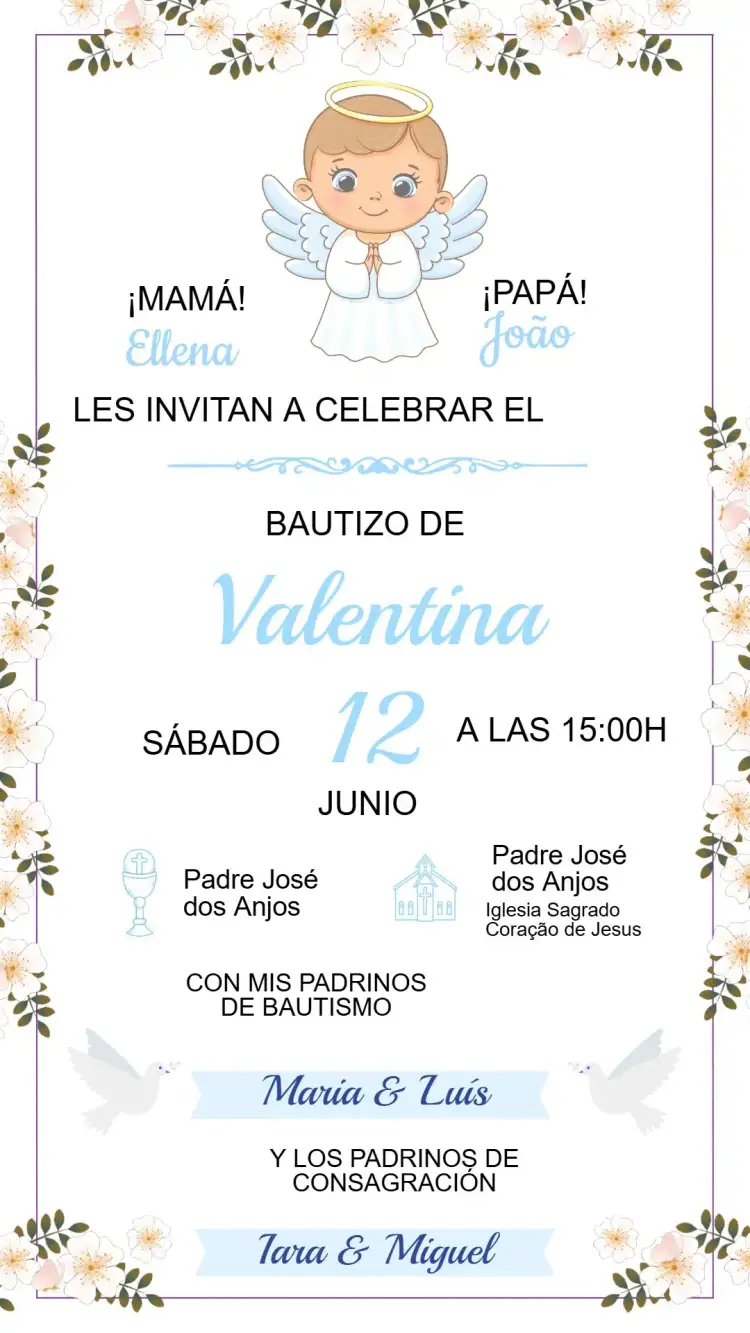 Invitación Invitación de Bautizo – tema Bautismo floral, minimalista, dorado, vintage, moderno, pastel