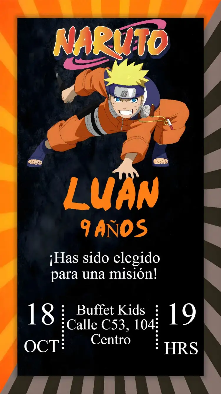 Invitación Naruto – tema Cumpleaños Infantil temática de anime, colores vibrantes, estilo moderno, ilustraciones divertidas, elementos gráficos de Japón