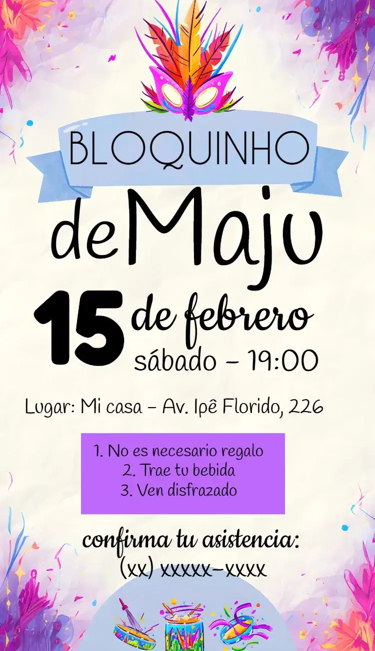 Invitación Fiesta Carnaval Feriado – tema Fechas Conmemorativas colorido, vibrante, festivo, divertido, tropical