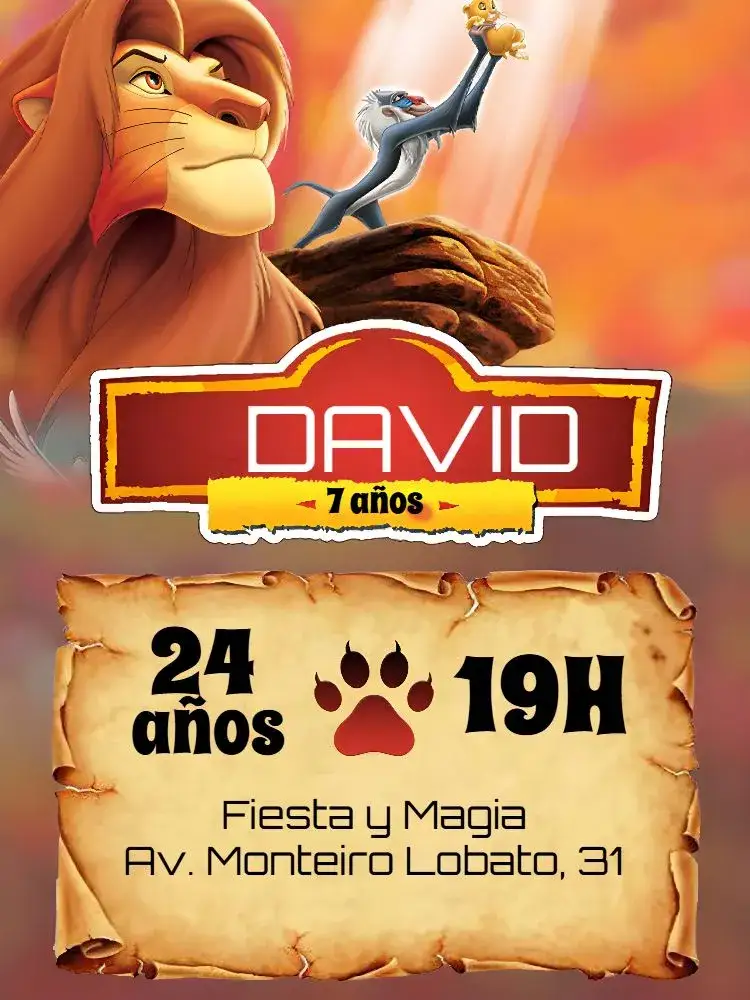 Invitación Rey León Naranja – tema Cumpleaños Infantil naranja vibrante, divertido, animales, tropical, colorido, temático
