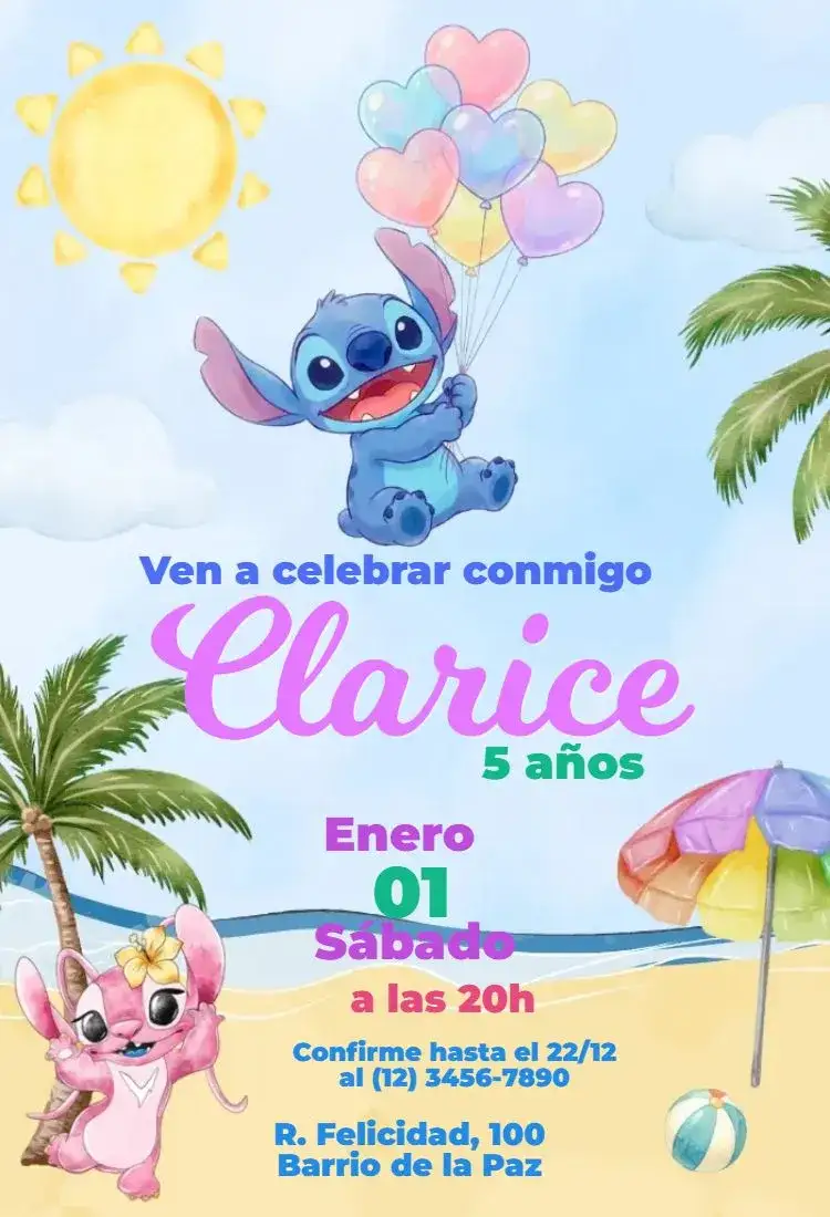 Invitación Globos de Stitch y Angel – tema Más buscados Colores vibrantes, Estilo divertido, Elementos gráficos de globos, Inspiración en dibujos animados, Visual alegre, Tema tropical