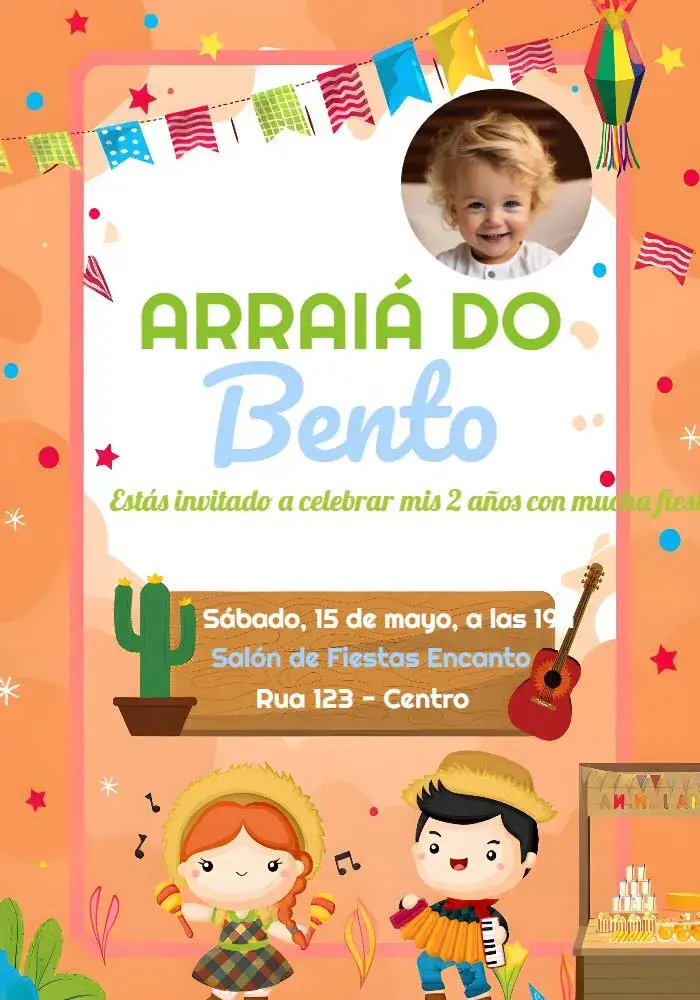 Invitación Arraiá Fiesta Junina Con Foto Verde – tema Fechas Conmemorativas junino, colorido, festivo, lúdico, moderno
