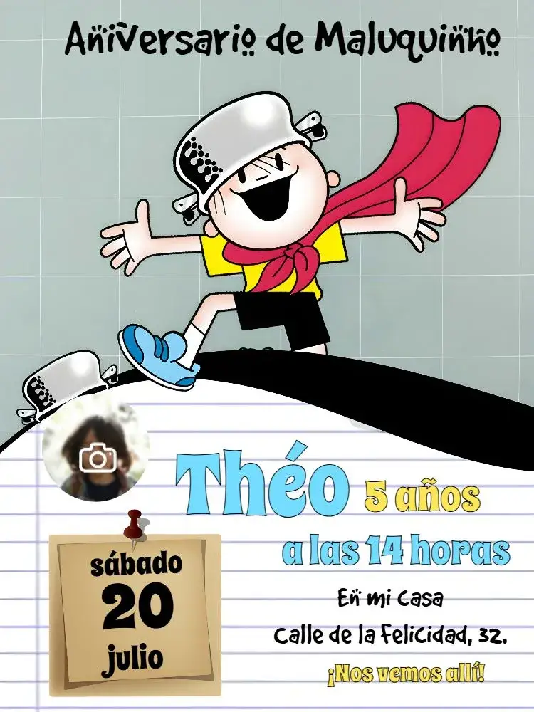 Invitación Niño Maluquinho Con Foto en Blanco y Negro – tema Despedida de Soltera blanco y negro, divertido, infantil, minimalista, ilustraciones de dibujos animados