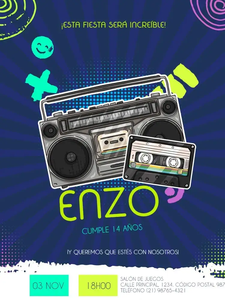 Invitación Musical Azul Fiesta – tema Cumpleaños Infantil azul oscuro, moderno, grunge, musical, divertido