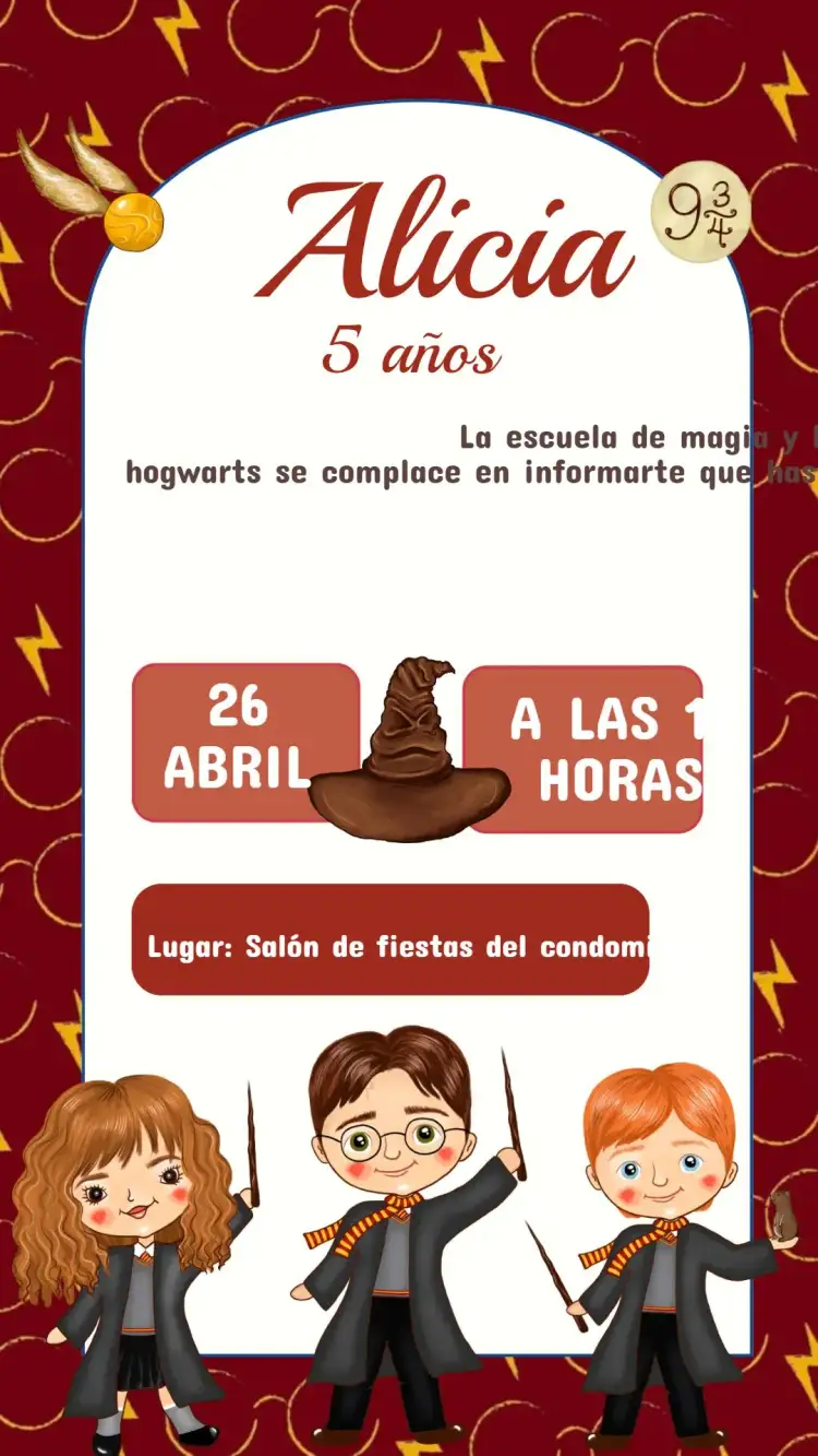 Invitación Invitación Cumpleaños Harry Potter – tema Cumpleaños Infantil mágico, fantasía, colorido, ilustraciones de brujería, elementos del universo de Harry Potter