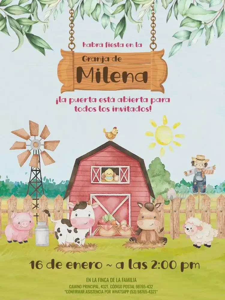 Invitación Tema Granja Rosa – tema Cumpleaños Infantil acuarela, rural, floral, lúdico, colorido, naturaleza