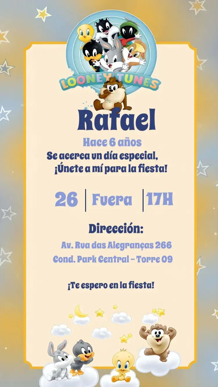 Invitación Looney Tunes Baby Lonney – tema Más buscados colorido, divertido, infantil, animado, brincalhão