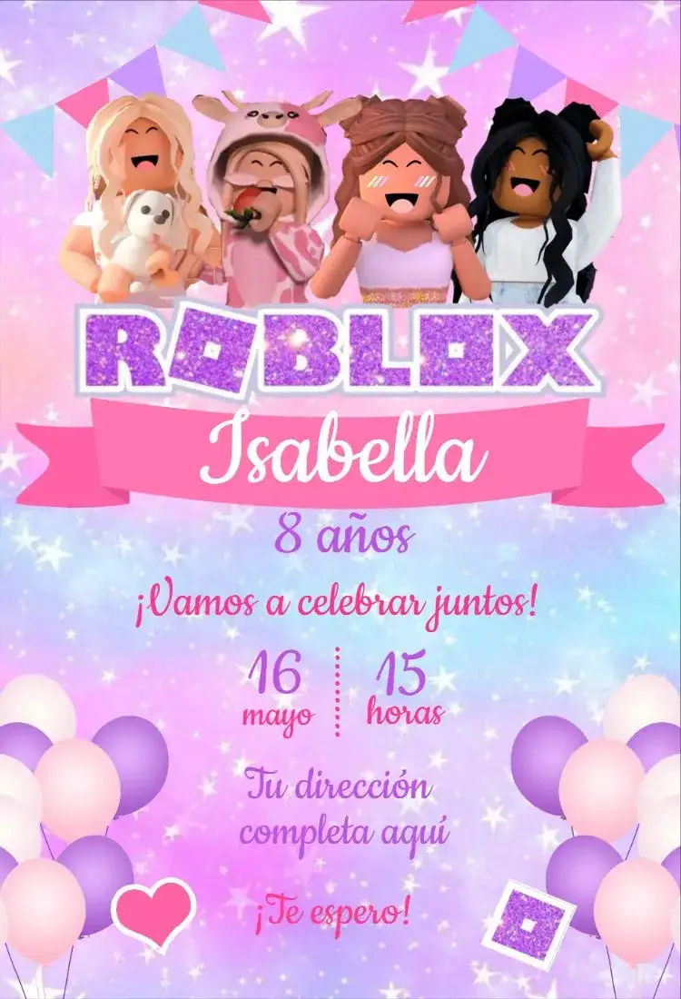 Invitación Invitación Roblox Chica 2 – tema Cumpleaños Infantil colores vibrantes, purpurina, temática de Roblox, estilo lúdico, detalles en rosa y lila, diseño moderno