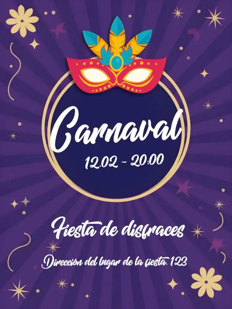 Invitación Baile de Carnaval – tema Fechas Conmemorativas púrpura vibrante, máscaras, confeti colorido, samba, festivo, divertido