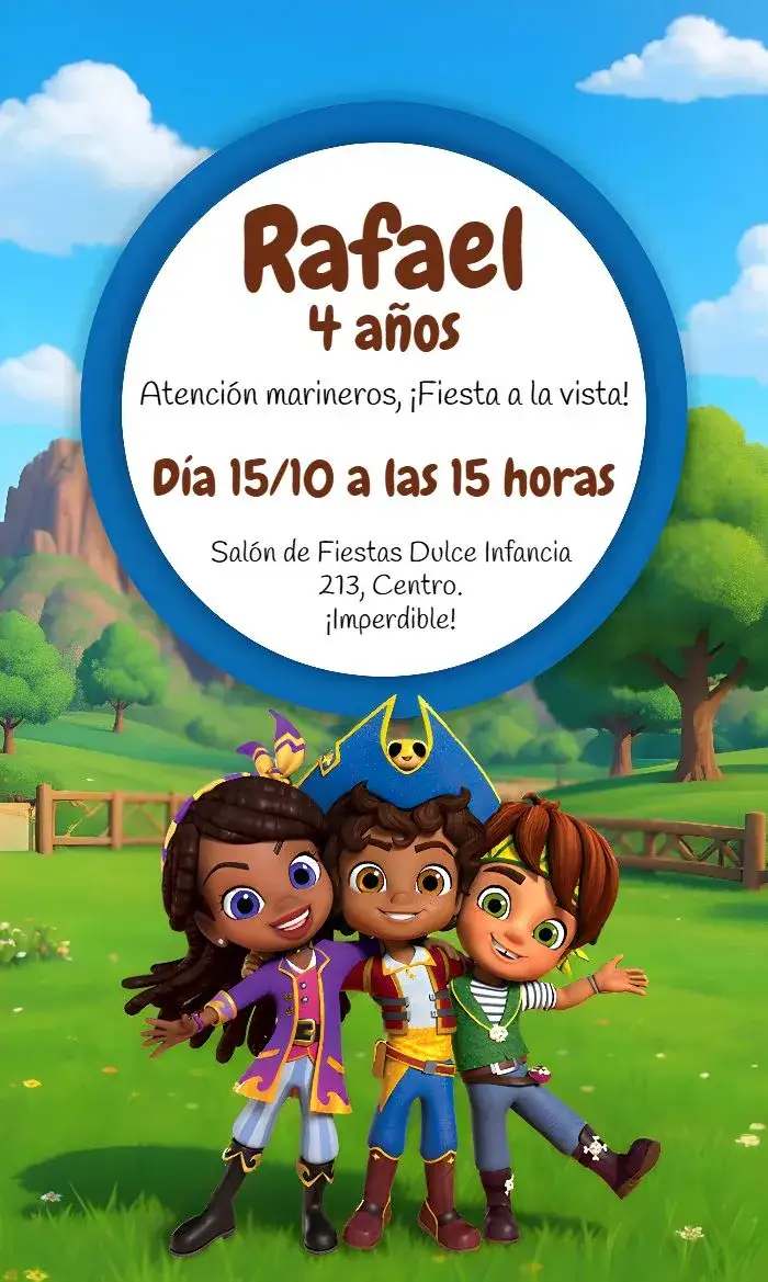 Invitación **Santiago Dos Mares Marujo** – tema Fechas Conmemorativas náutico, infantil, playa, azul, marrón, aventura