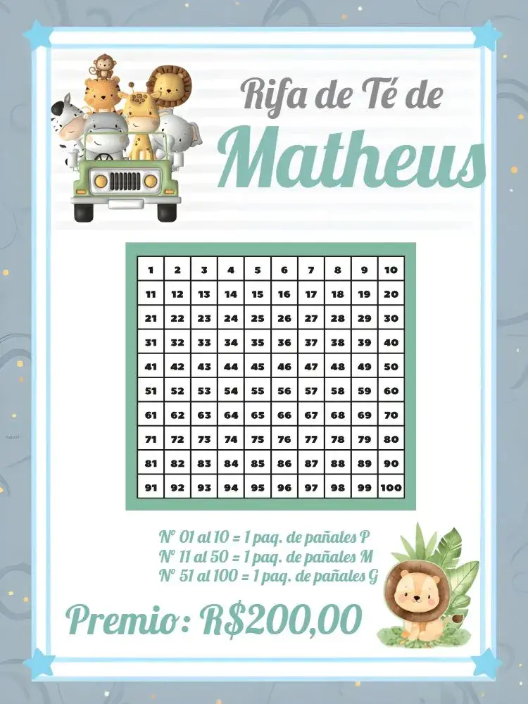Invitación Baby Shower Safari Raffle editable y personalizable