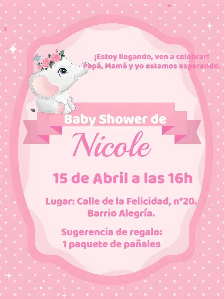 Invitación Baby Shower Elefantita Niña – tema Despedida de Soltera rosa y blanco, lúdico, infantil, tierno, minimalista