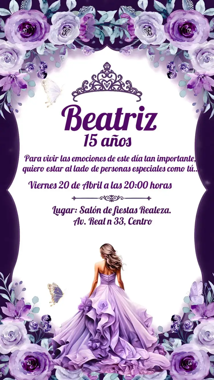 Invitación Debutante Lilas – tema 15 años floral, romántico, moderno, elegante, pastel, joven