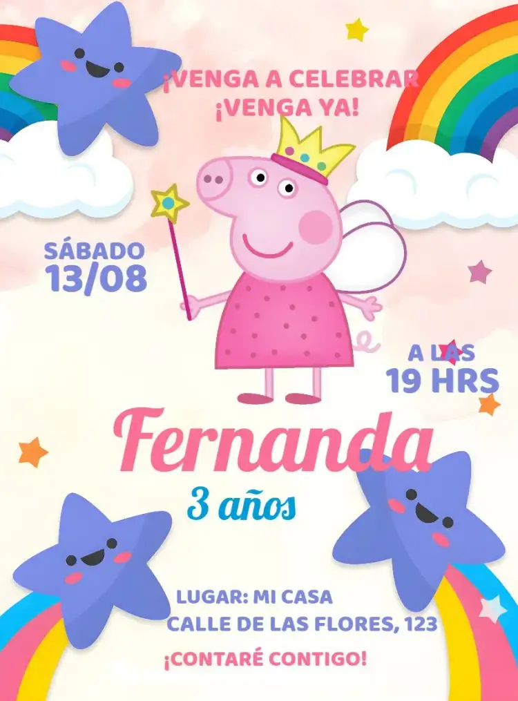 Invitación Peppa Pig Digital – tema Más buscados rosa, blanco, divertido, infantil, temático, colorido