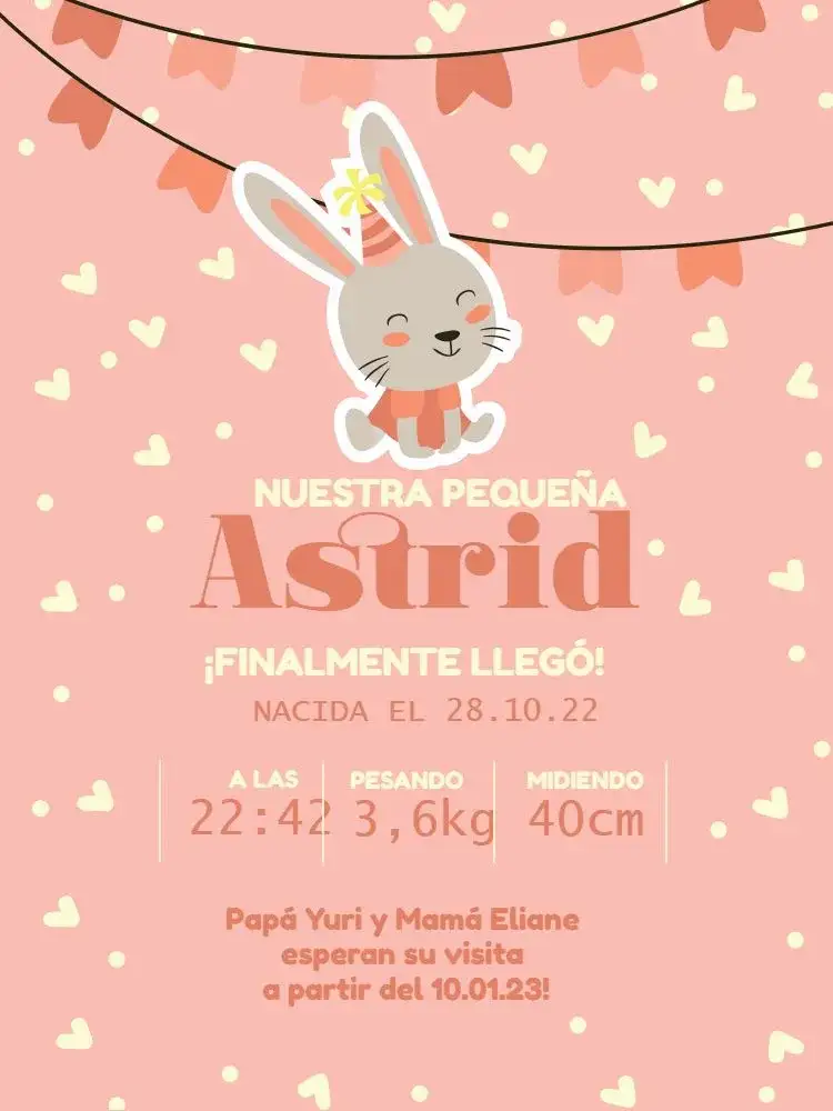 Tarjeta De Celebración Nacimiento Bebé Conejita Rosa