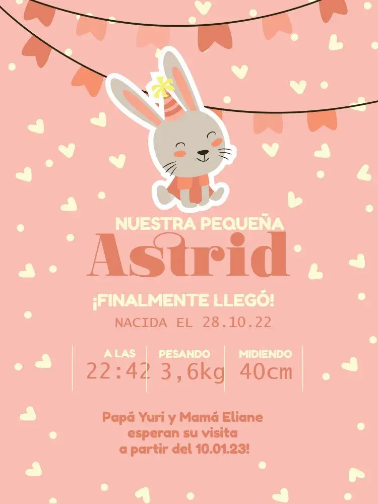 Invitación Tarjeta De Celebración Nacimiento Bebé Conejita Rosa
