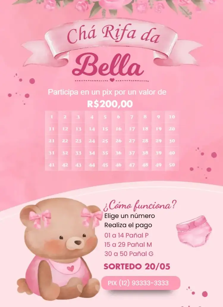 Invitación Rosa Acuarela – tema Té Rifa acuarela, naturaleza, delicado, colorido, suave, infantil