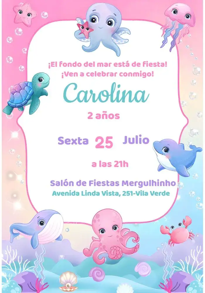 Invitación Fondo Del Mar Niña Pulpo – tema Cumpleaños Infantil acuático, lila, acuarela, divertido, infantil, colorido