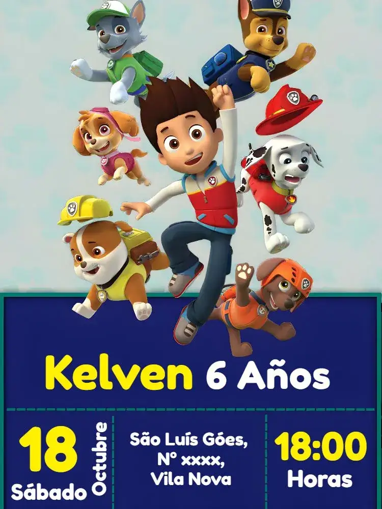 Invitación Patrulla Canina Verde – tema Cumpleaños Infantil divertido, colorido, temático, infantil, aquarela