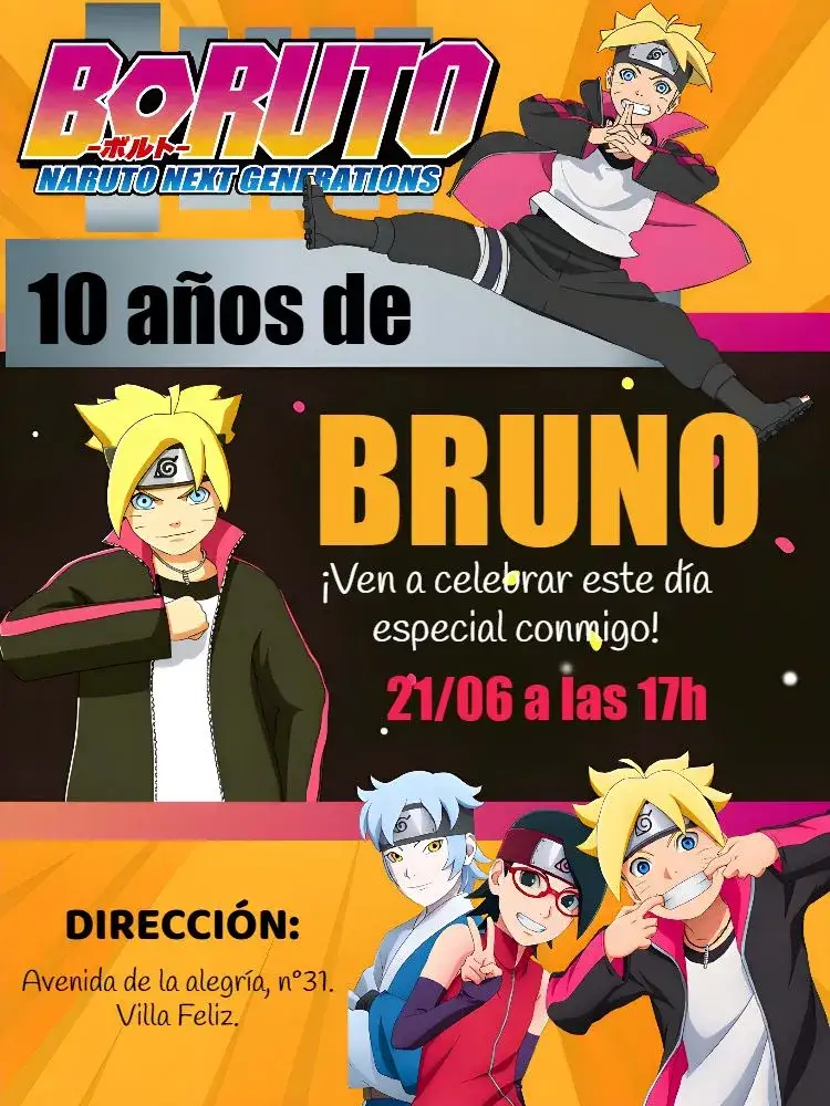 Invitación Boruto Naruto – tema Cumpleaños Infantil naranja, negro, moderno, ninja, anime