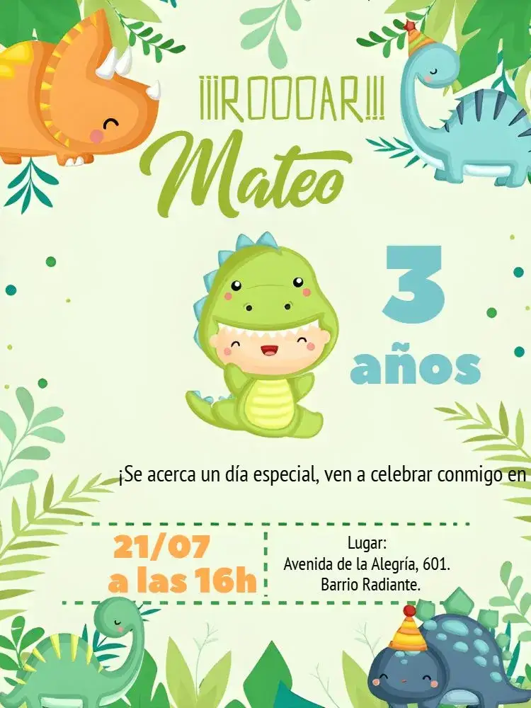 Invitación Dinosaurio Baby Selva – tema Más buscados estilo lúdico, colores vibrantes, elementos gráficos de dinosaurios, tropical, arte digital, inspirado en la selva