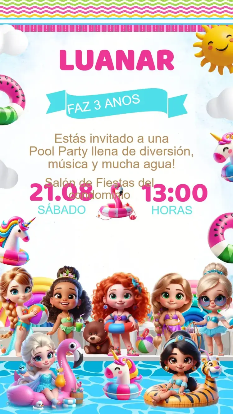 Invitación Cumpleaños Pool Party de las Princesas