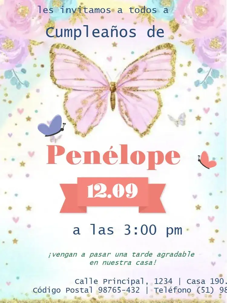 Invitación Jardín, Mariposa y Flores Para Editar Celebración – tema Cumpleaños Infantil delicado, lúdico, floral, naturaleza, colorido, infantil