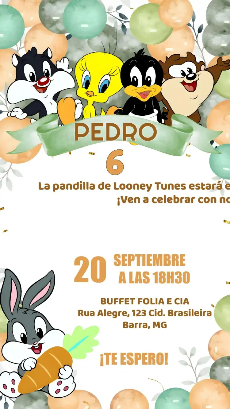 Invitación Looney Tunes Baby Zanahoria – tema Más buscados colorido, divertido, infantil, vibrante, ilustraciones lúdicas, temático