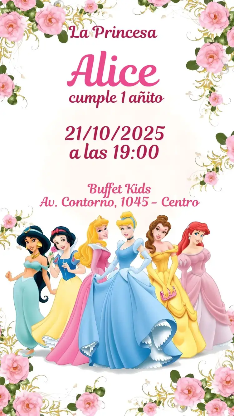 Invitación Princesas Disney – tema Cumpleaños Infantil colores pastel, ilustraciones de princesas, brillo y magia, estilo lúdico, detalles encantados, tema cuento de hadas