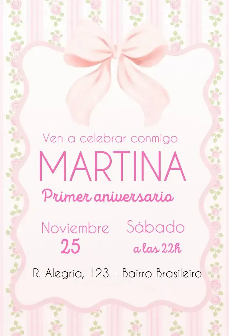 Invitación Primer Cumpleaños de Niña editable y personalizable