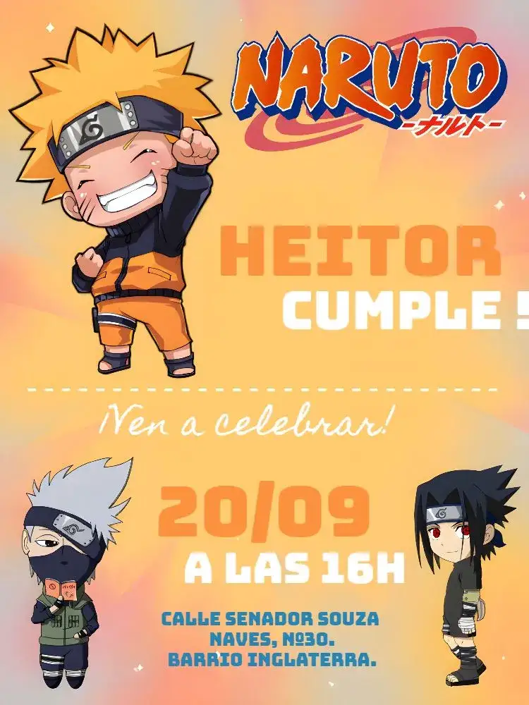 Invitación Naruto Akatsuki – tema Cumpleaños Infantil negro, naranja, amarillo, anime, moderno, juegos