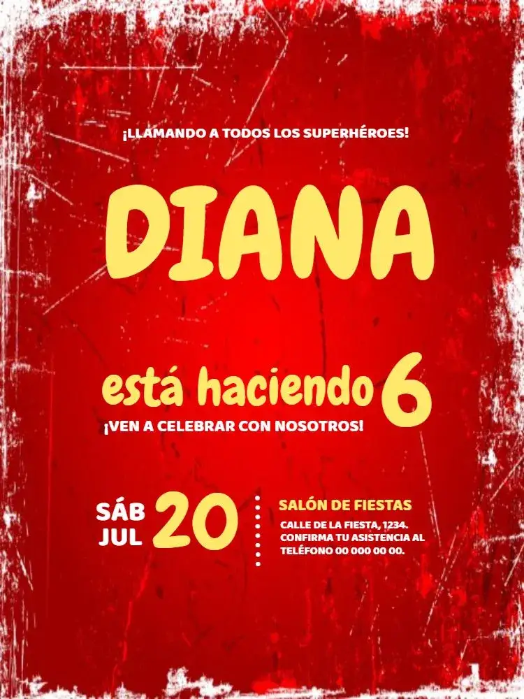 Invitación Mujer Super Heroína Héroe – tema Cumpleaños Infantil rojo, estrellas, superhéroes, infantil, divertido