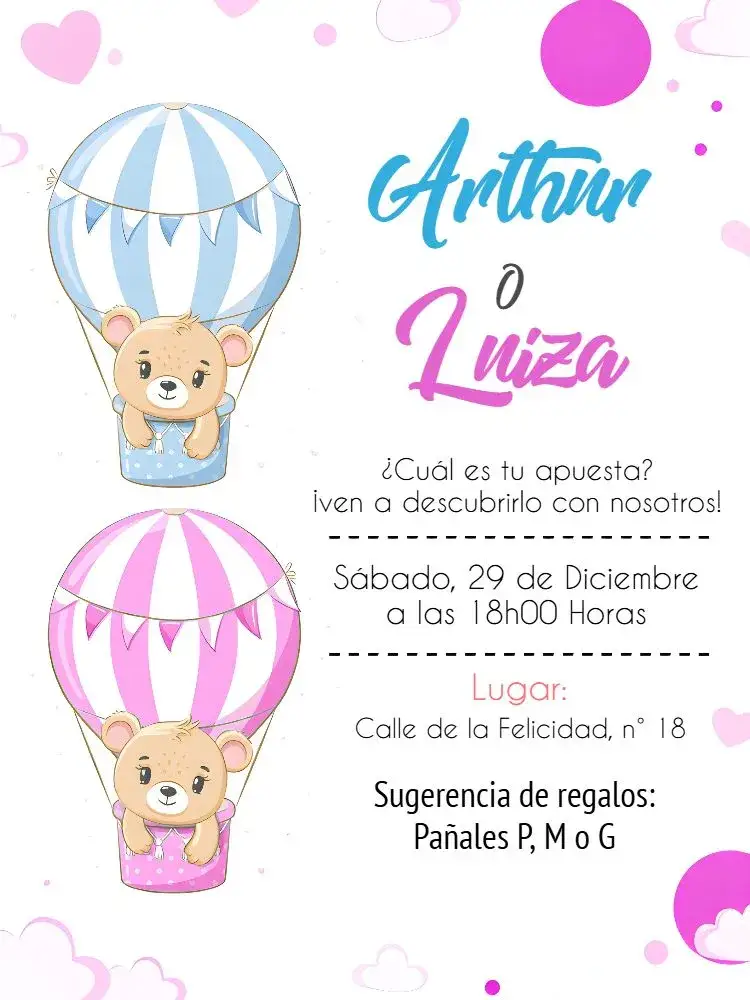Invitación Baby Shower Ositos Globos Blancos – tema Revelación Bebé colorido, infantil, divertido, moderno, fofo, lúdico