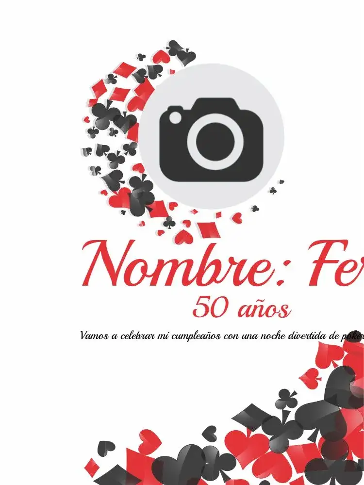 Invitación Póker Digital – tema Cumpleaños moderno, juegos, cartas, rojo, blanco y negro