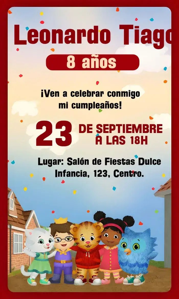 Invitación Daniel Tiger Señora – tema Bautismo colorido, divertido, infantil, moderno, animado