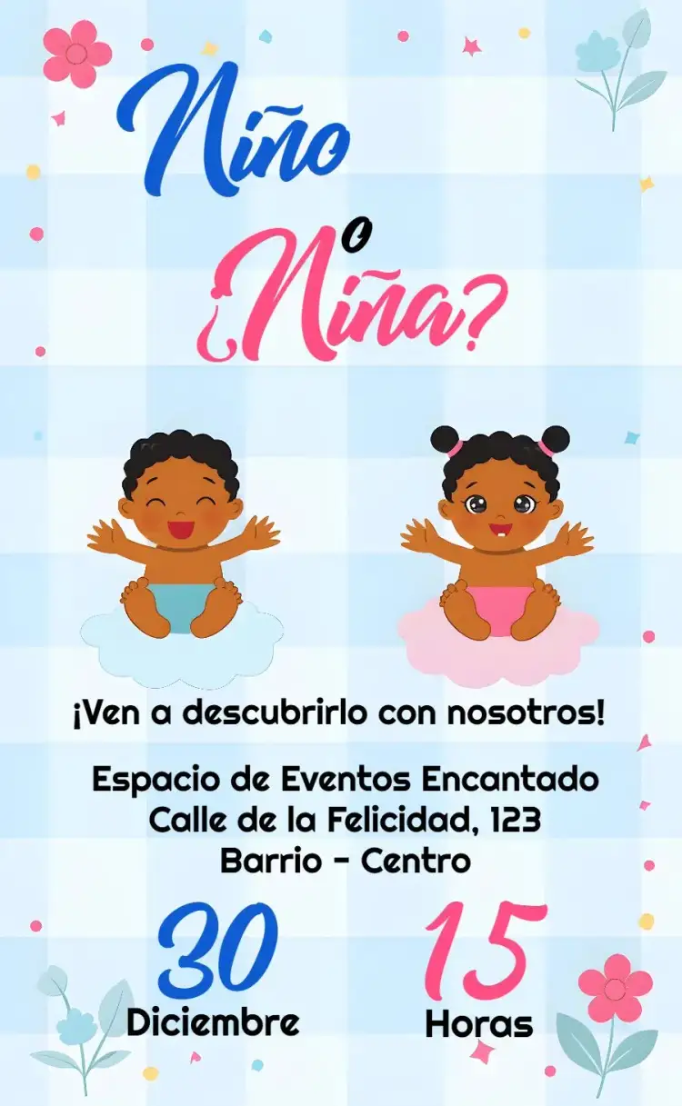 Invitación Chá de Revelación Niño o Niña Black – tema Revelación Bebé moderno, elegante, negro y azul, negro y rosa, minimalista, sobrio