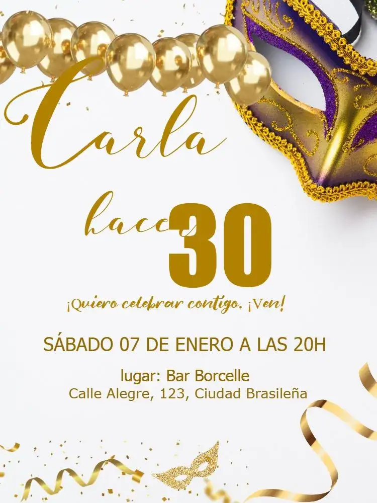 Invitación Carnaval Baile De Máscaras Carnaval-carnavalesco-baile-festa – tema Fechas Conmemorativas dorado, blanco, brillo, carnavalesco, elegante, festivo