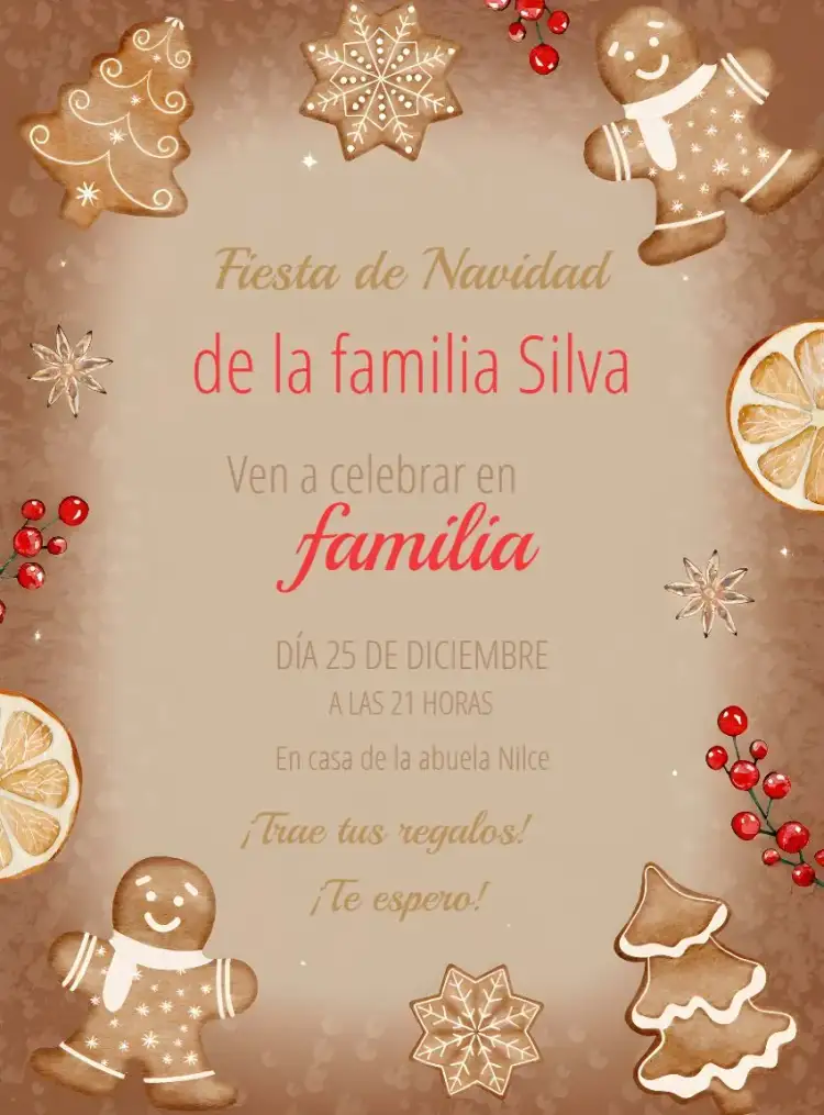 Invitación Fiesta De Navidad Regalos de Pan de Jengibre – tema Fechas Conmemorativas festivo, colorido, dulce, vintage, tradicional, alegre