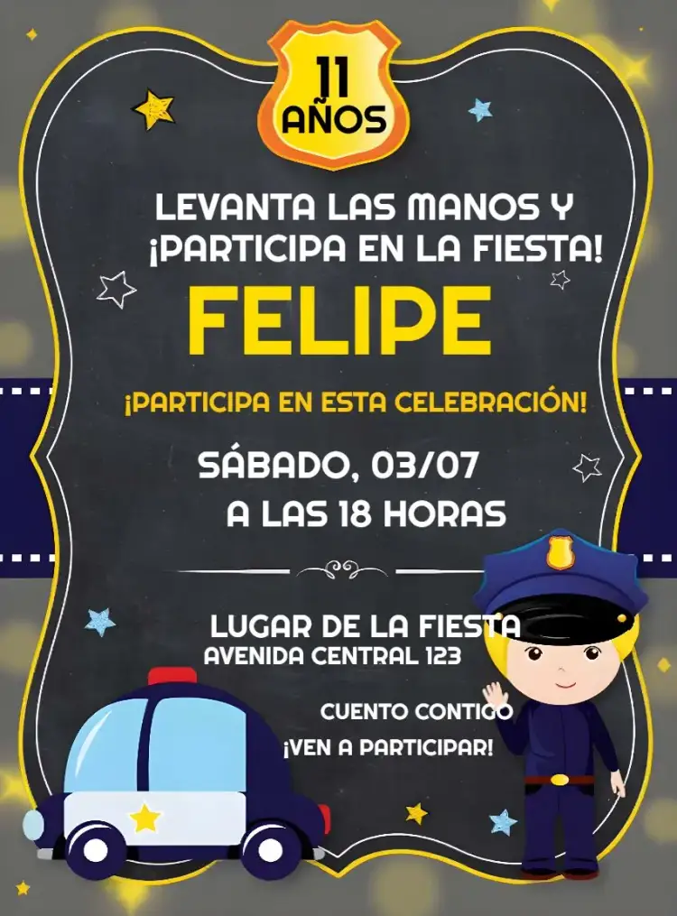 Invitación Policía Digital – tema Más buscados amarillo, azul, blanco, divertido, temático, moderno