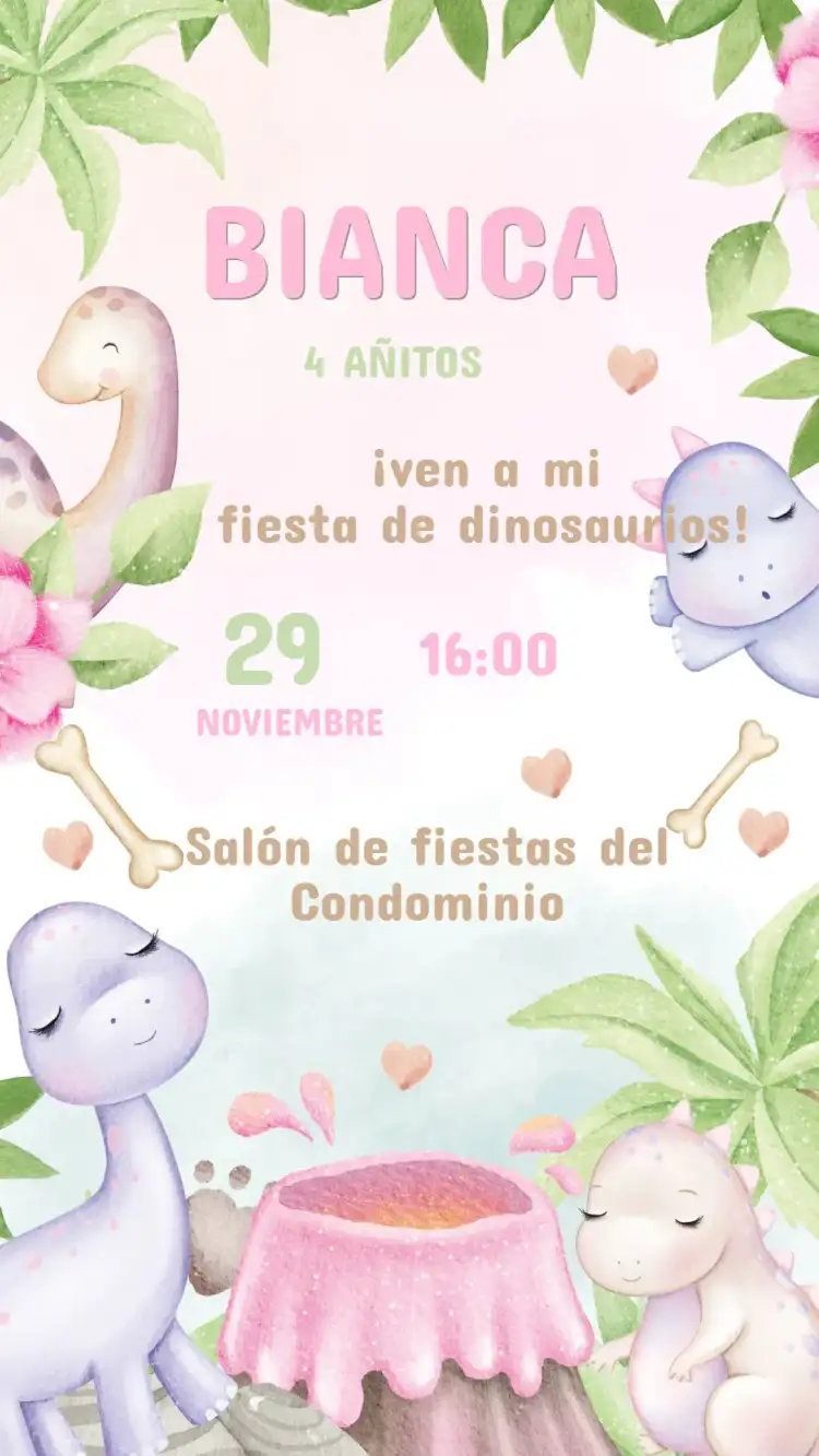Invitación Cumpleaños Infantil Dinosaurio Niña