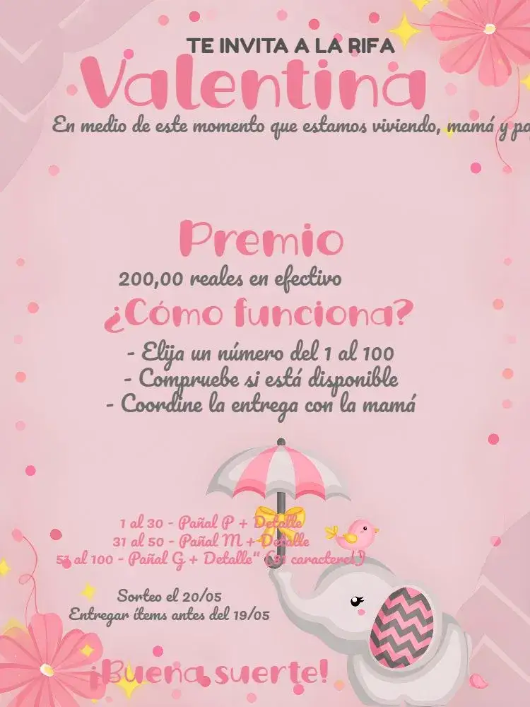 Invitación Té Rifa Elefantito Cha – tema Té Rifa rosa y gris, elefante lindo, estilo chevron, moderno y divertido, infantil y alegre, diseño digital